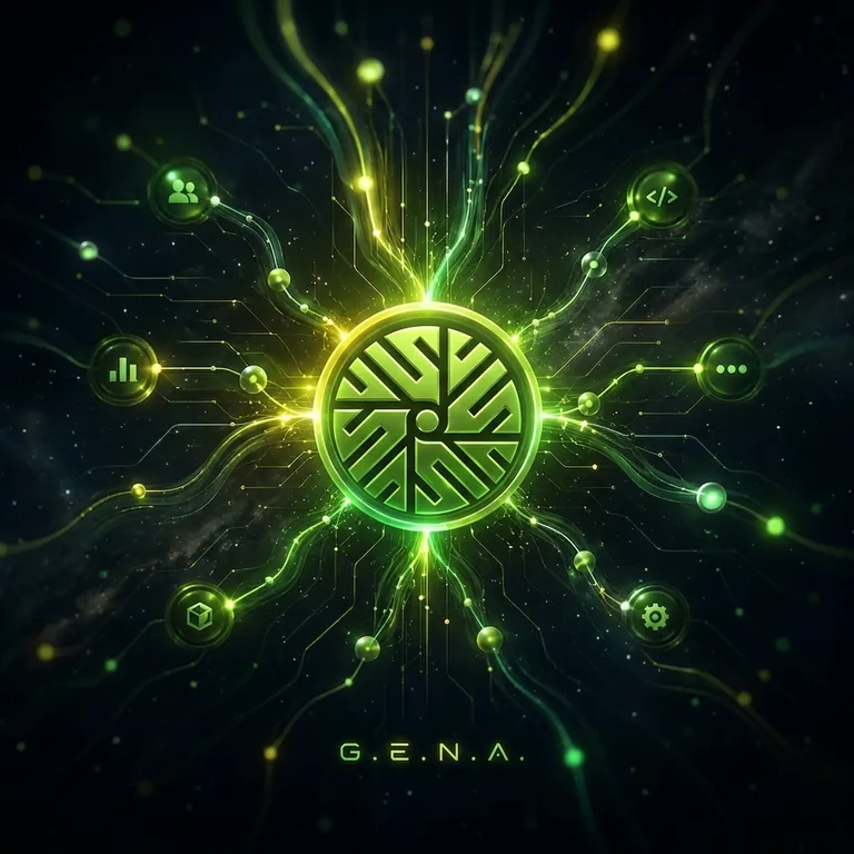 G.E.N.A. — a glowing neural core connecting people, systems, data, and workflows